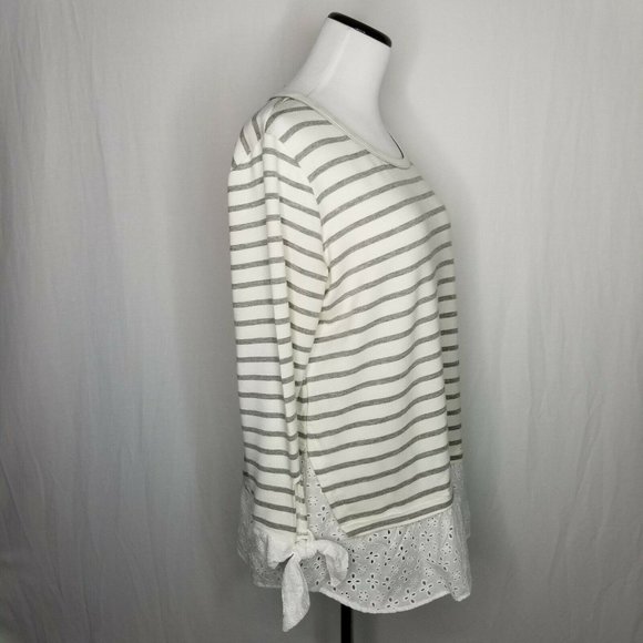 Status by Chenault Ivory Gray Stripe LS Eyelet Top - Picture 6 of 8